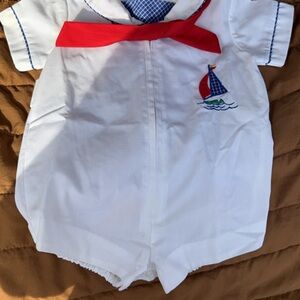Vintage White Sailboat Baby Romper with Red Bow